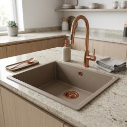 GraniteMy Universal granieten taupe spoelbak 50x40 cm opbouw, onderbouw en vlakinbouw met koperen plug 1208967225